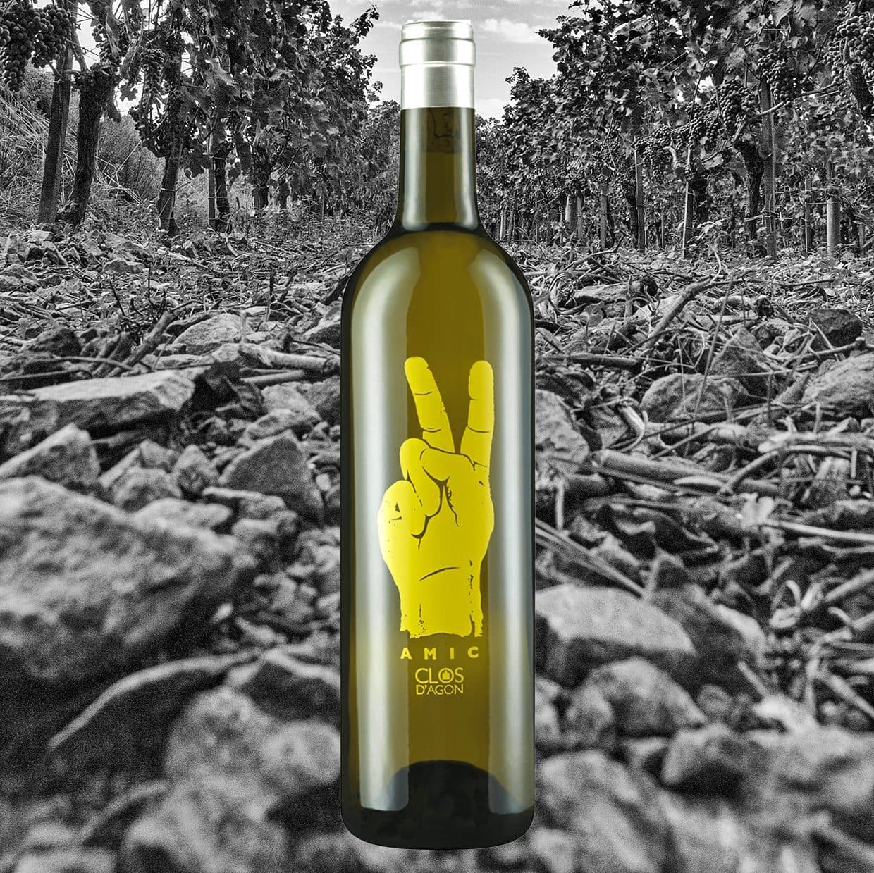 Botella de Amic blanco sobre la tierra del viñedo