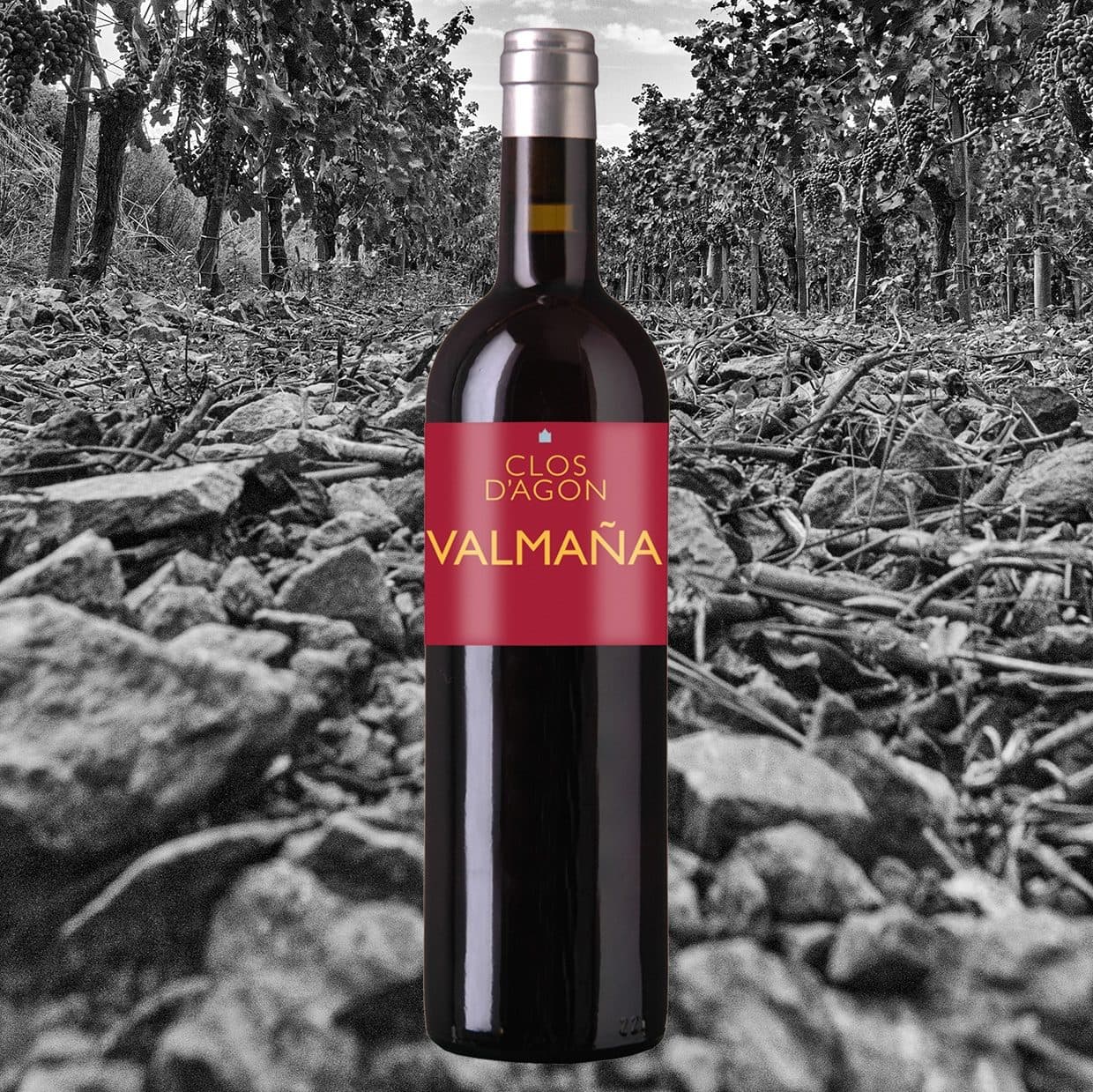Botella de Valmaña tinto sobre la tierra del viñedo