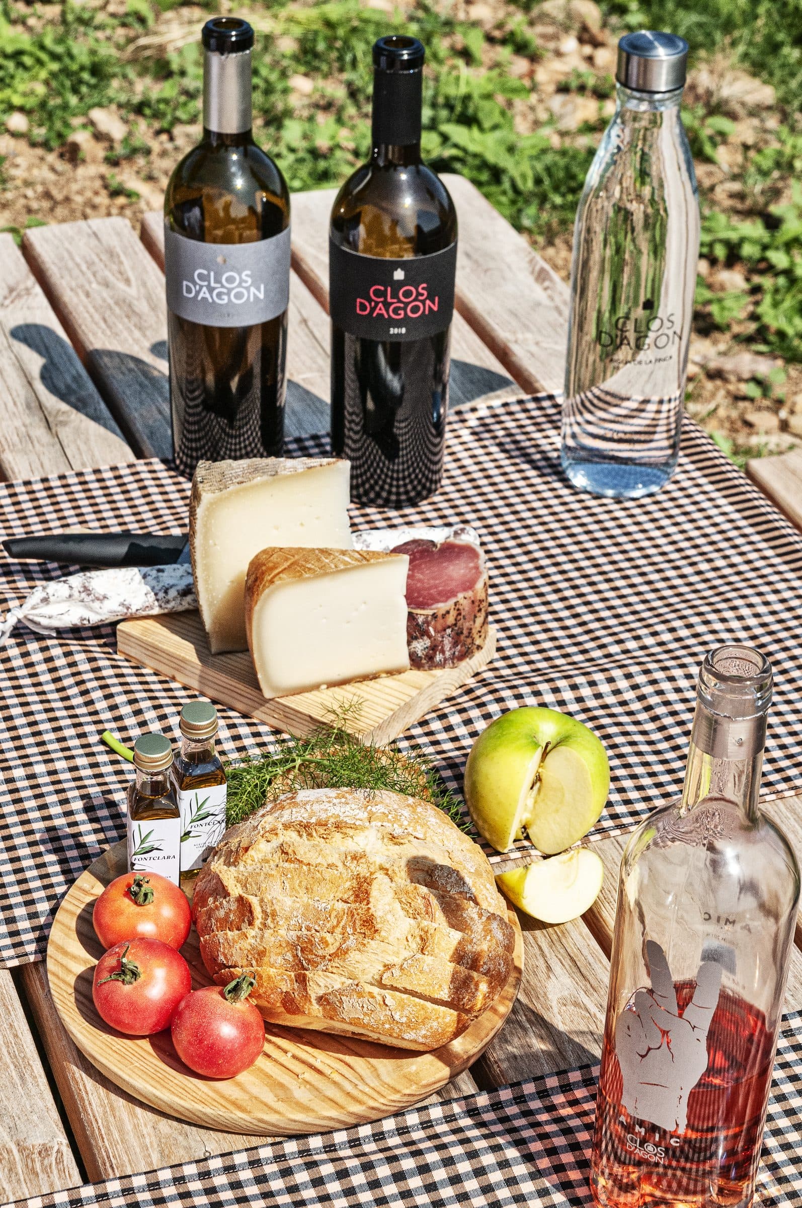 Mesa con quesos, pan y vino entre viñas