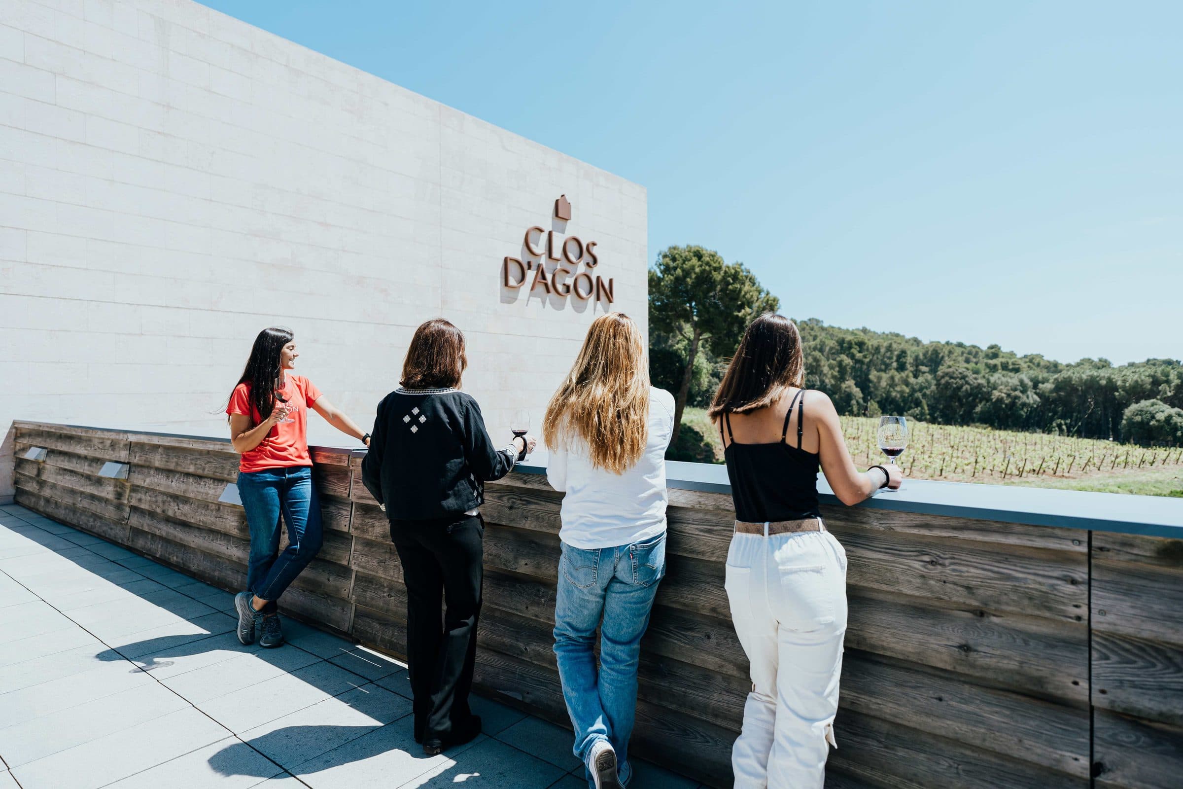 Visitantes en la terraza de la bodega mirando al viñedo